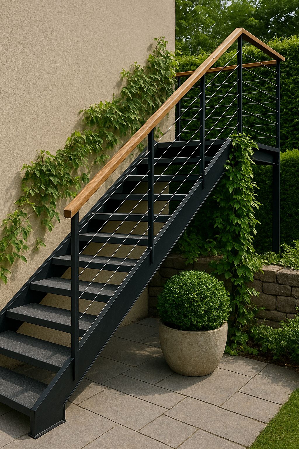 Escalier extérieur noir avec câbles et main courante bois dans jardin