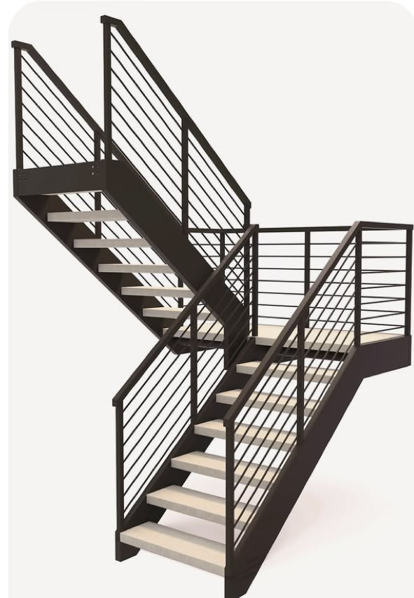 Escalier métallique double volée design avec rampe câbles