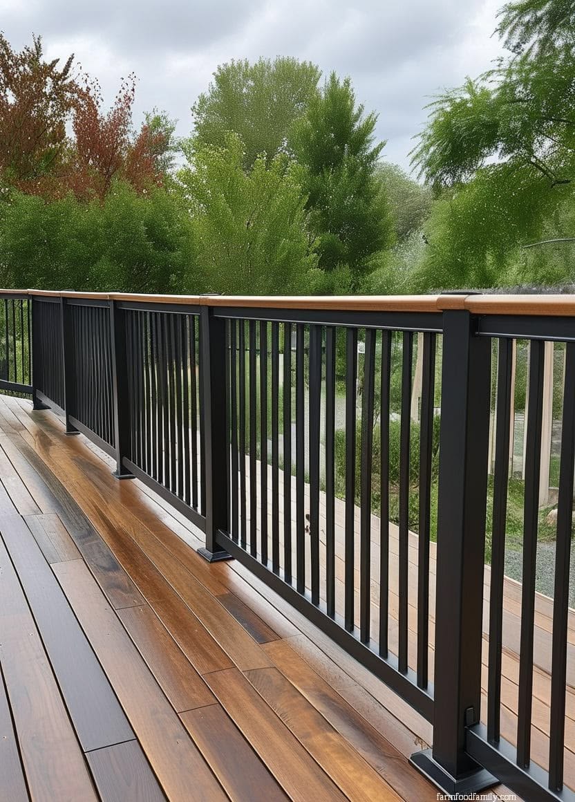 Garde-corps terrasse barreaux verticaux noirs main courante bois