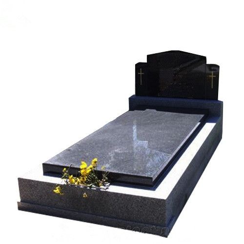 Pierre tombale granite gris avec fleurs jaunes et stèle croix gravée