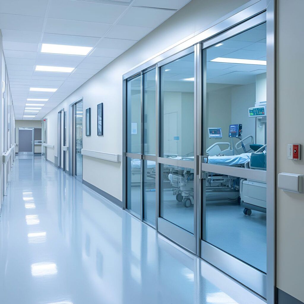 Sol époxy brillant dans couloir d'hôpital moderne avec parois vitrées